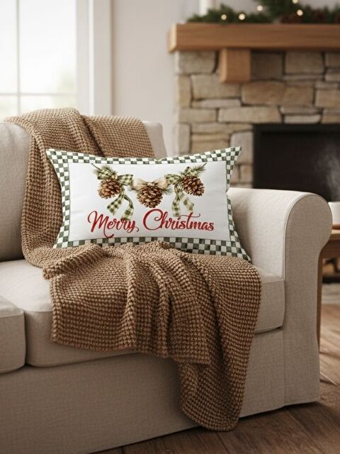 Evmila Kozalak Desen Yılbaşı Kadife Dikdörtgen Kırlent Kılıfı 35x55 cm Çift Taraf Baskılı Fermuarlı - S000467019-18194