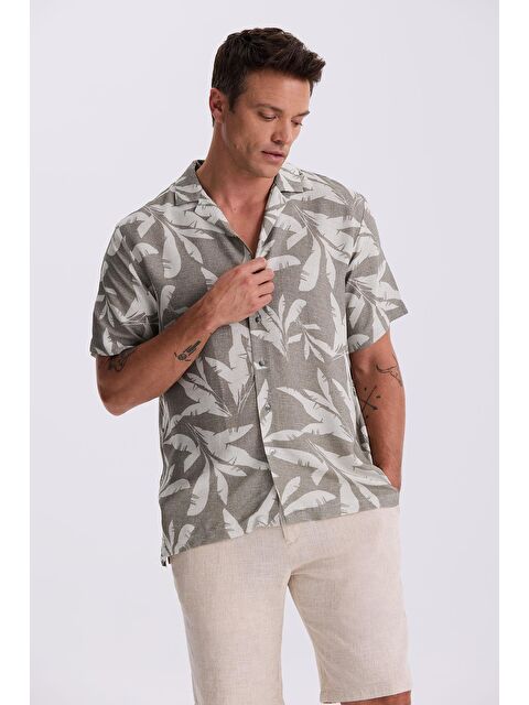 JAKAMEN Vizon Klasik Fit Apaş Yaka Desenli Rahat Kalıp Keten Karışımlı Kısa Kollu Gömlek - S000496068-26429