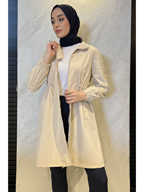 Julude Kadın İnci Ve Taş İşlemeli Bel Büzgülü Tesettür Trençkot - S000361270-25636