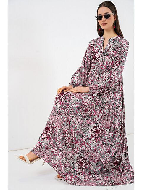 Bigdart Kadın Desenli Uzun Tesettür Elbise 2585 - C.Gri