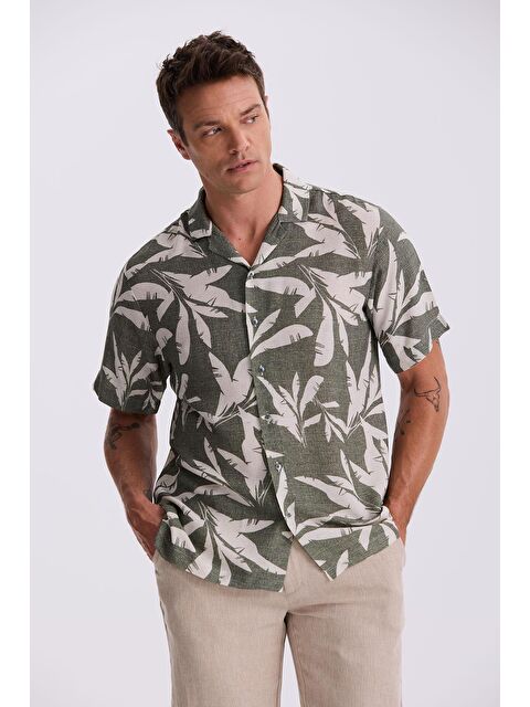 JAKAMEN Yeşil Klasik Fit Apaş Yaka Desenli Rahat Kalıp Keten Karışımlı Kısa Kollu Gömlek - S000496068-18194