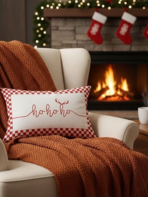 Evmila Hoho Yazı Desen Kadife Dikdörtgen Kırlent Kılıfı 35x55 cm Çift Taraf Baskılı Fermuarlı - S000467023-20045