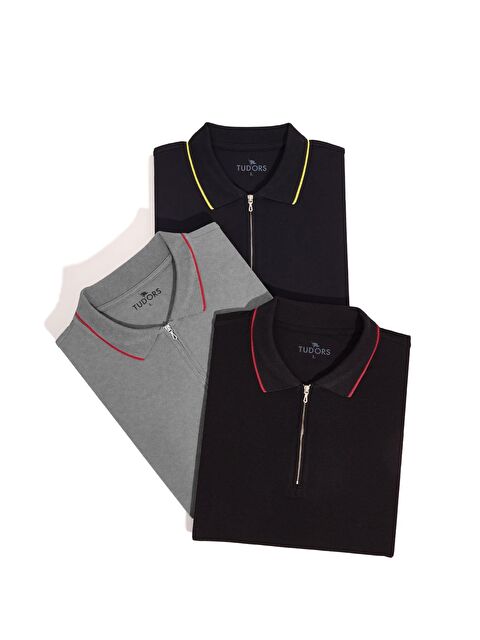 TUDORS Erkek 3'Lü Paket Lacivert-Gri-Siyah Slim Fit Dar Kesim Pamuklu Düz Fermuarlı Pike Polo Yaka Tişört - S000526191-23173