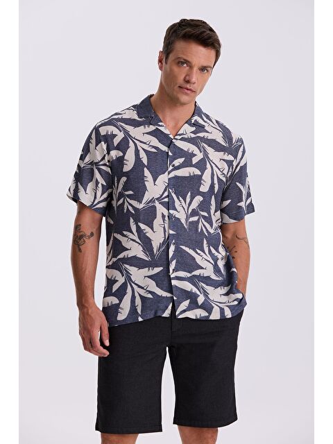 JAKAMEN Lacivert Klasik Fit Apaş Yaka Desenli Rahat Kalıp Keten Karışımlı Kısa Kollu Gömlek - S000496068-21164