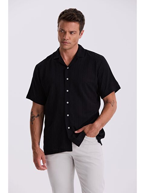 JAKAMEN Siyah Klasik Fit Apaş Yaka Rahat Kısa Kollu Gömlek - S000496069-19351