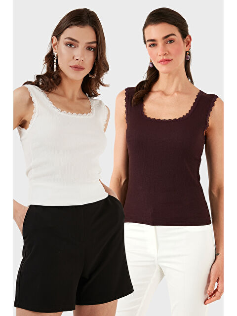 Lela Slim Fit Kalın Dantelli Kare Yaka Bürümcük 2'li Paket Atlet 5864979S2 - S000389230-37576