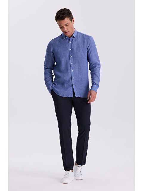 JAKAMEN Saks %100 Keten Düğmeli Yaka Comfort Fit Gömlek - S000495832-23710
