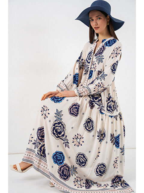 Bigdart Kadın Desenli Uzun Tesettür Elbise 2585 - B.Lacivert