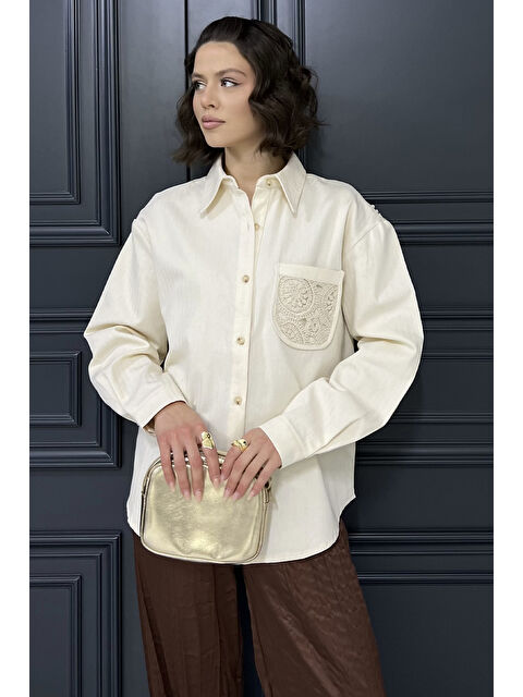 Gülseli Kadın Tek Cepli Dantel İşleme Detaylı Keten Gömlek - S000365058-25636