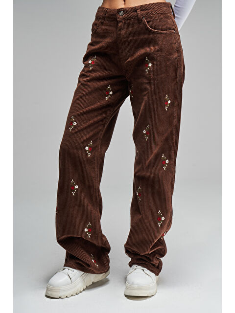 It's Basic Kadın Taba Renk 7w442 Loose Fit Nakışlı Fitilli Kadife Pantolon - S000284567-14955