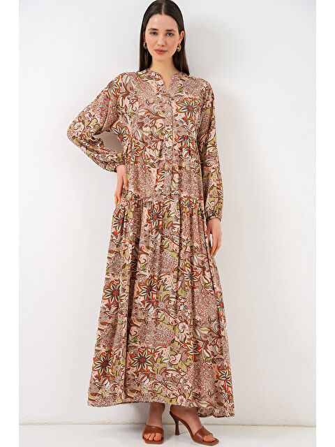 Bigdart Kadın Desenli Uzun Tesettür Elbise 2585 - Sütlü Kahve