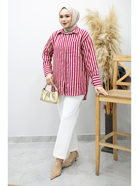 Tesettür Dünyası Çizgili Cepli Gömlek TSD260174 Fuşya