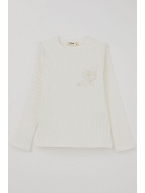 Breeze Kız Çocuk Uzun Kollu Tişört Güpür Armalı İncili Ekru (8-11 Yaş) - S000490191-19965