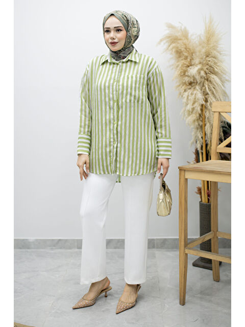 Tesettür Dünyası Çizgili Cepli Gömlek TSD260174 Yeşil