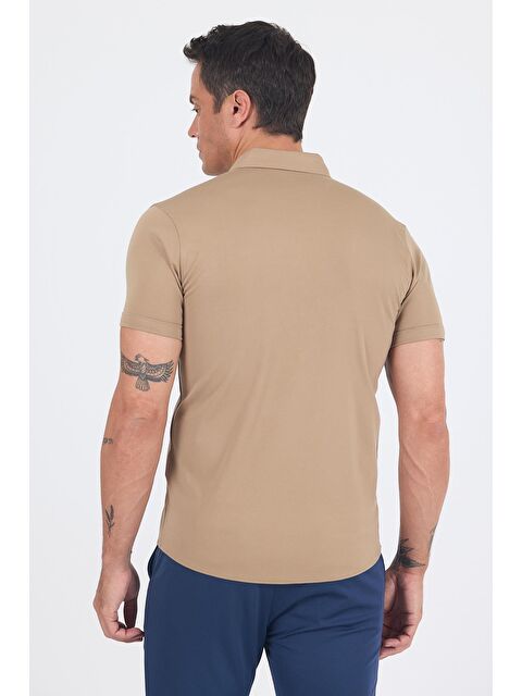 İMZA Koyu Bej İtalyan Düğmeli Yaka Kısa Kol Cepsiz Slim Fit Büyük Beden Gömlek 1004250255 - S000401295-19933