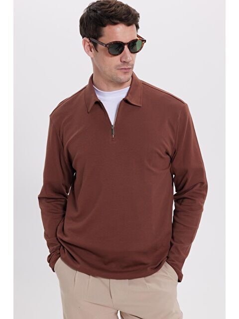 TUDORS Erkek Relax Fit Rahat Kesim %100 Pamuk Yarım Fermuarlı Polo Yaka İnterlok Kahverengi Sweatshirt - S000526194-19413