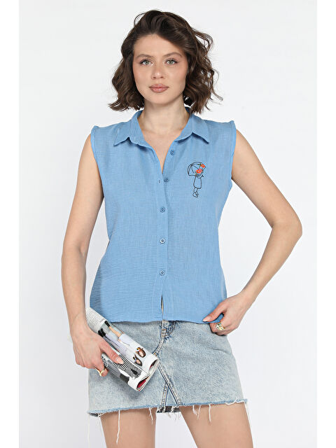 Gülseli Nakışlı Kolsuz Kadın Keten Gömlek - S000365050-23093