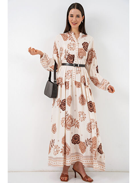 Bigdart Kadın Desenli Uzun Tesettür Elbise 2585 - A.Bej