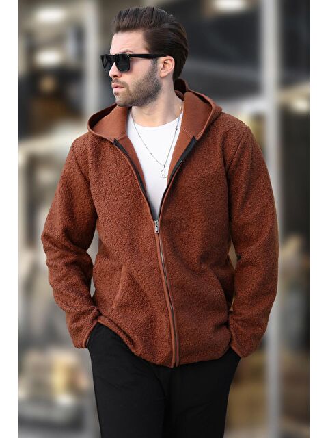 Madmext Kahverengi   Pelüş Erkek Polar Fermuarlı Sweatshirt Hırka E7080 - S000440196-19413