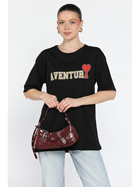 Gülseli Ön Yazı Baskılı Bisiklet Yaka Kadın Tişört - S000365052-19351