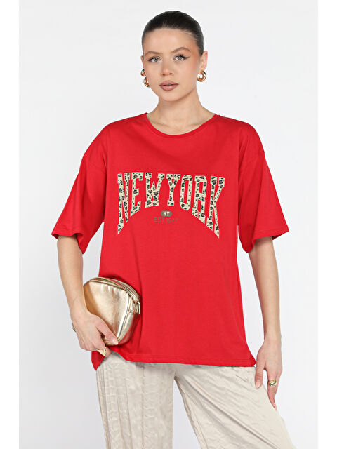 Gülseli Ön Leopar Desenli Yazı Baskılı Kadın Bisiklet Yaka Tişört - S000365061-20045