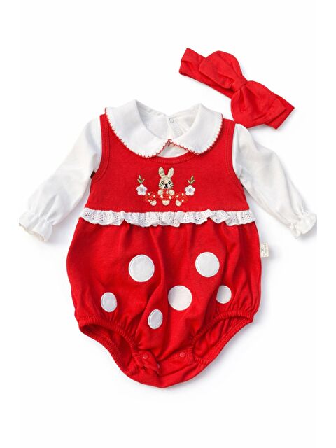 Verona Tarz Kız Bebek Tavşanlı Dantelli 3lü Romper Elbise Takımı Saç Bandı Dahil - S000528433-37325