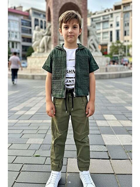 Riccotarz Erkek Çocuk Üzeri Şerit Detaylı Kapüşonlu Jean Ceket Freshness Baskılı T-Shirt Haki Alt Üst Takım - S000510482-18547