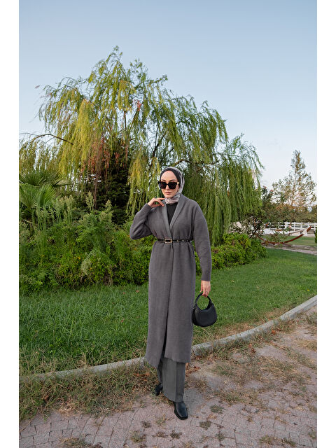 Locco Moda Kadın Kemerli Triko Hırka Füme - S000444440-33408