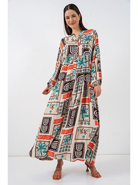 Bigdart Kadın Desenli Uzun Tesettür Elbise 2585 - Koyu Kahve