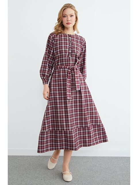 Fullamoda Fullamodest Kuşaklı Ekose Desenli Elbise