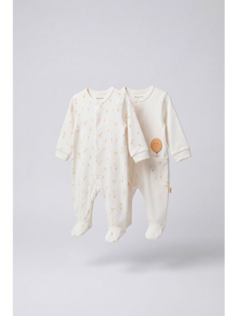 Magu Unisex Bebek Pamuklu Ekru 2'Li Patikli Tulum Seti - Desenli Ve Cepli