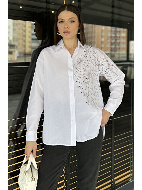 Gülseli Taş İşlemeli Uzun Kol Kadın Gömlek - S000365063-20063
