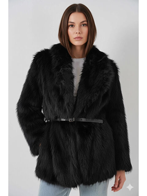 Hazelin Kadın Siyah Kemer Detaylı Astarlı Pelüş Kürk Mont HZL25W-BD191561 - S000498996-19351