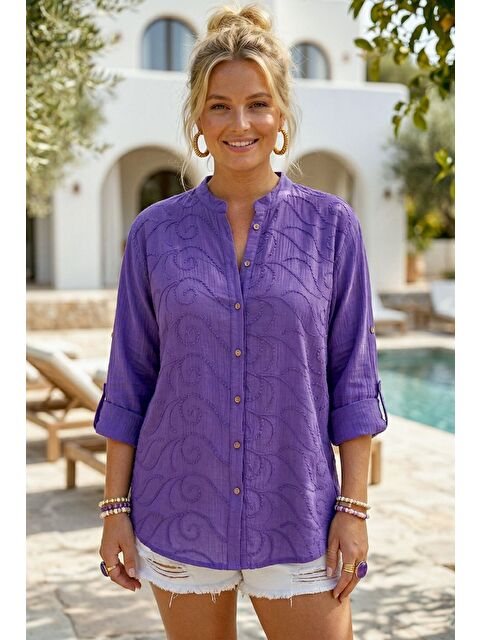 Chiccy Mor Hakim Yaka Düğmeli Uzun Kollu Düğmeli Casual Müslin Dokuma Gömlek 75 63