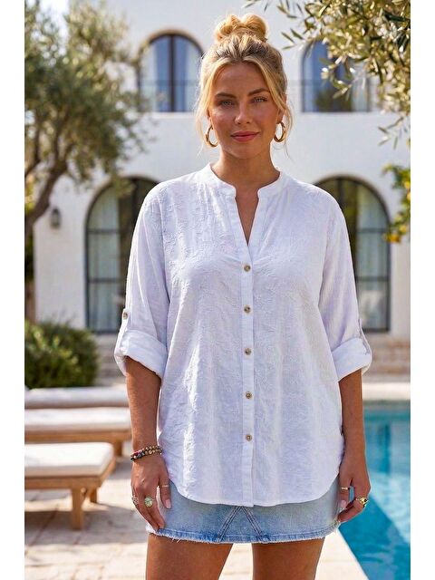 Chiccy Beyaz Hakim Yaka Düğmeli Uzun Kollu Düğmeli Casual Müslin Dokuma Gömlek 75 63