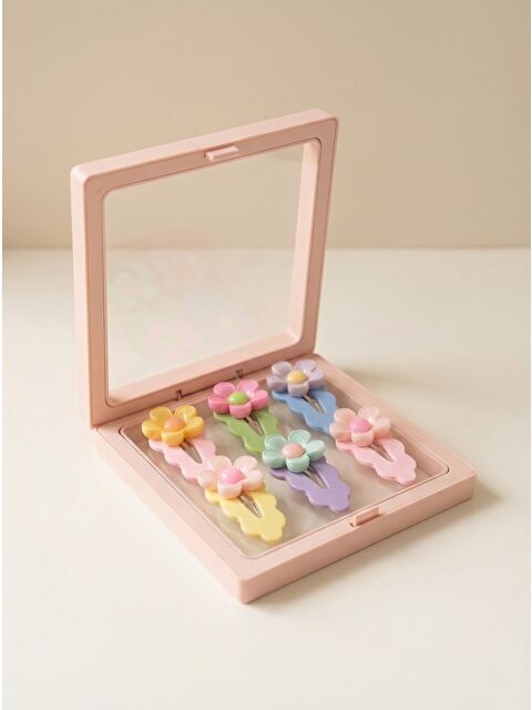 Katia And Bony Kız Çocuk 6'Lı Çiçek Aksesuarlı Plastik Kutulu Toka Seti Açık Pembe