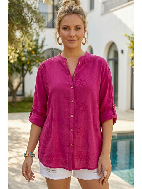 Chiccy Fuşya Hakim Yaka Düğmeli Uzun Kollu Düğmeli Casual Müslin Dokuma Gömlek 75 63