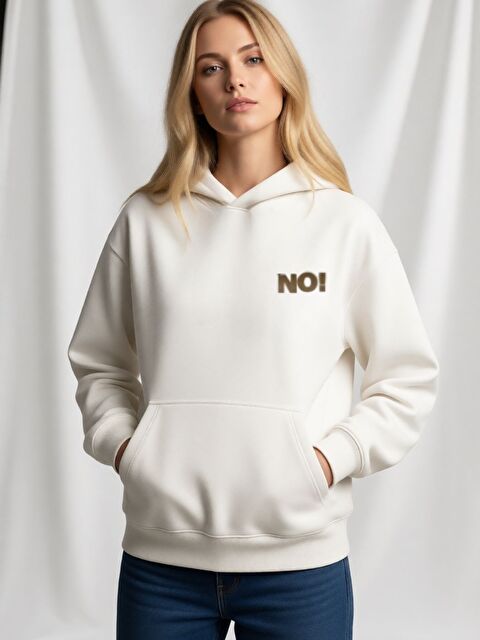 Trendseninle Unisex Kadın Erkek Oversize NO! logo Özel Tasarım Baskılı Kapüşonlu Sweatshirt Beyaz - S000498303-20063