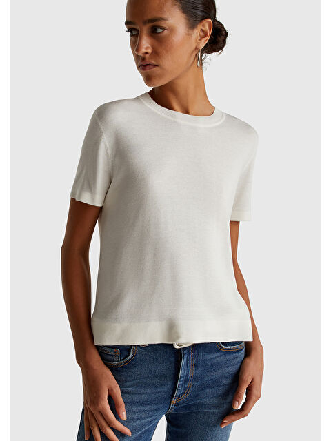 United Colors Of Benetton Kadın Krem İpek Karışımlı Yuvarlak Yaka Önü Detaylı Kısa Kollu Kazak - S000434740-19966