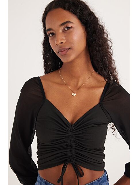 TUDORS Kadın Slim Fit Dar Kesim Uzun Kollu Büzgülü Siyah Bluz - S000520993-19351