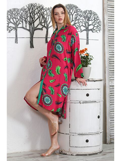 Chiccy Fuşya Gömlek Yaka Uzun Kol Düğmeli Gizli Cepli Allover Baskılı Dokuma Casual Elbise - S000358946-18686