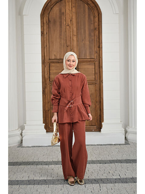 Locco Moda Kadın Beli Pile Detay İki Kemerli Gömlek Yaka Takım Kiremit