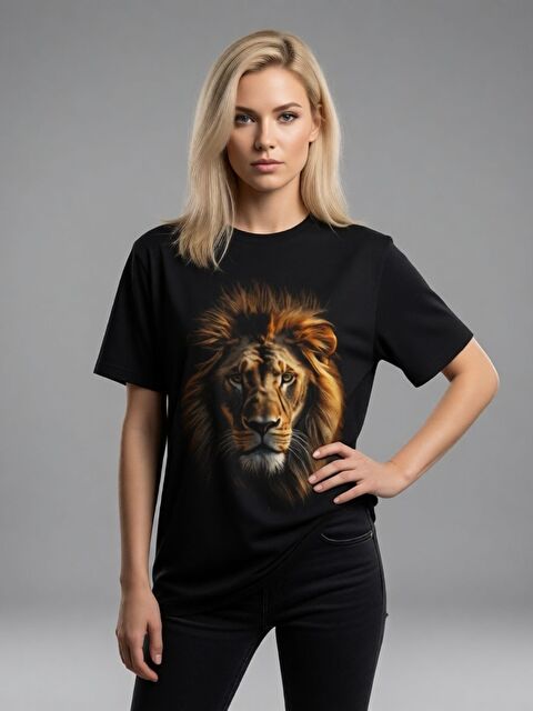 Trendseninle Siyah Aslan Kral Baskılı Regular Tişört - S000498304-19351