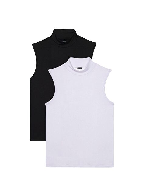 TUDORS Kadın 2'Li Paket Siyah-Beyaz Regular Fit Klasik Kesim Viskon Kumaş Balıkçı Yaka Sıfır Kol Bluz - S000520996-23173