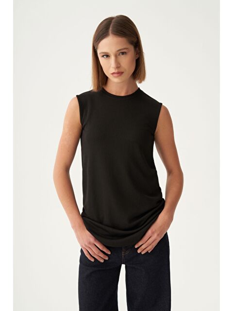 ALLDAY Siyah-Pamuklu Fitilli Kolsuz Elastanlı T-Shirt - S000500126-19351