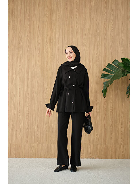 Locco Moda Kadın Kalp Düğme Kemer Detay Takım Siyah