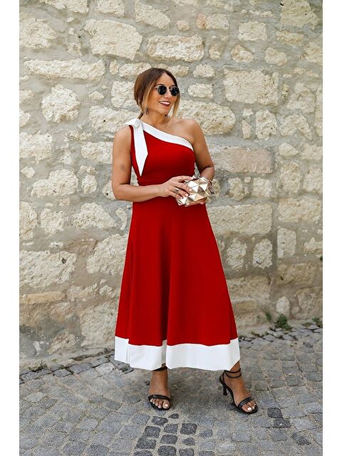 Jane's Kadın Tek Omuzu Açık Omuzlardan Kurdela Detaylı çift Renkli Ithal Krep Elbise - S000528081-20045