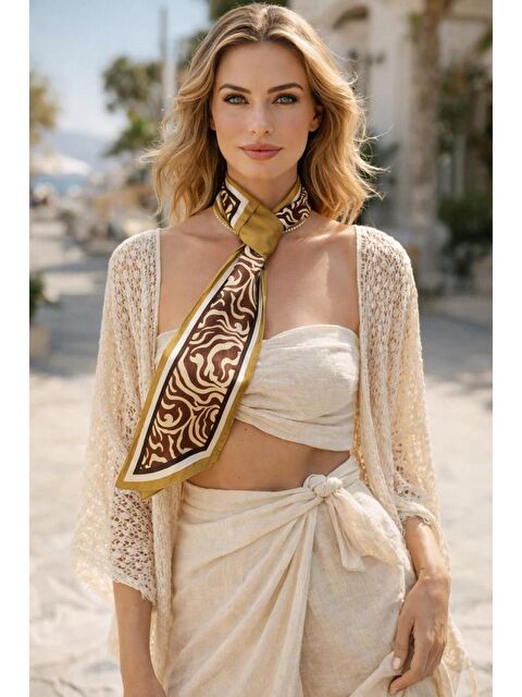 Luminos Butik Kadın Haki Kahverengi Mermer Desenli Premium Boyun Fuları FLR1005 KAHVERENGI - S000522576-28102