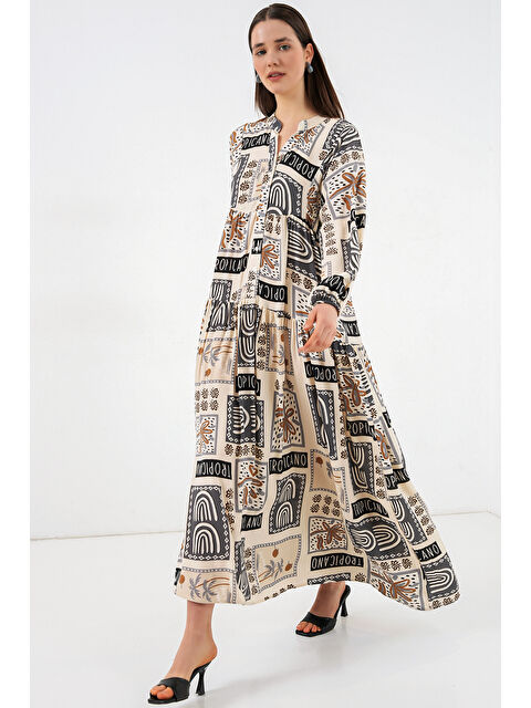 Bigdart Kadın Desenli Uzun Tesettür Elbise 2585 - K. Bej