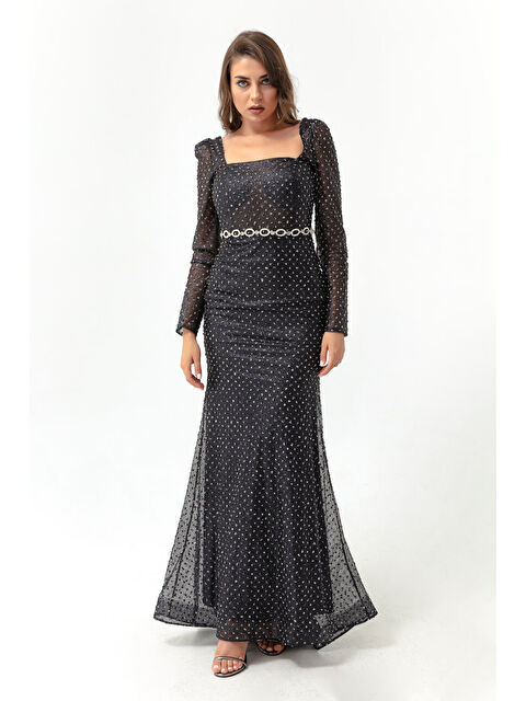 Lafaba Kadın Siyah Kare Yaka Taşlı Kemerli Uzun Abiye Elbise - S000496852-19351